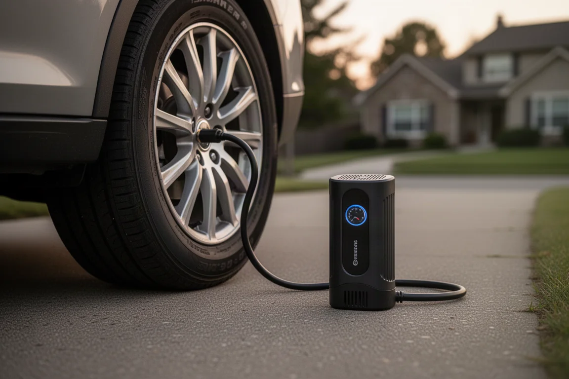 A tire inflator connected to a car tire in a driveway at dusk