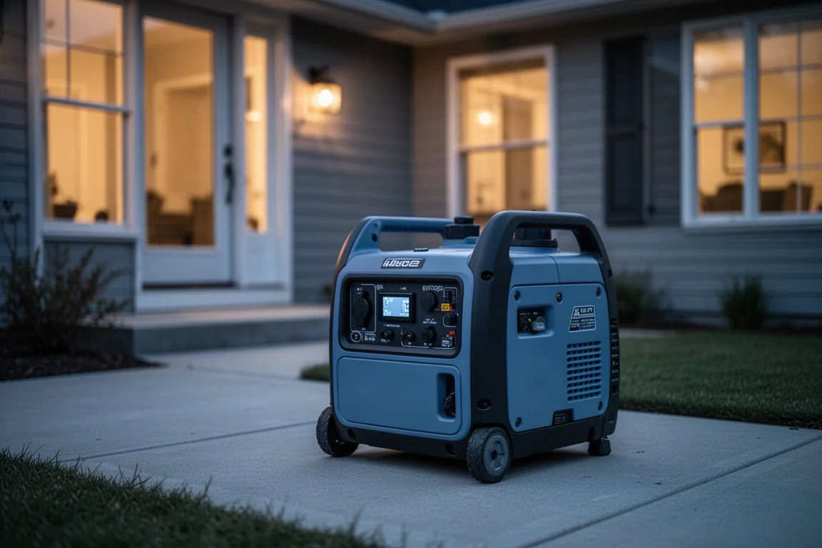 A home exterior lit softly at dusk with a portable generator nearby