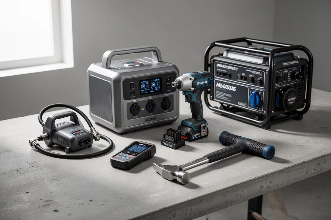 A collection of tools and power gear arranged on a concrete workbench