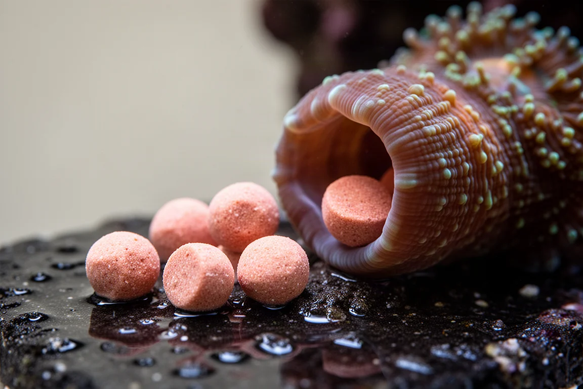 Makroaufnahme weicher, runder Korallenfutter-Pellets auf feuchtem dunklem Untergrund neben einem geöffneten Korallenmaul
