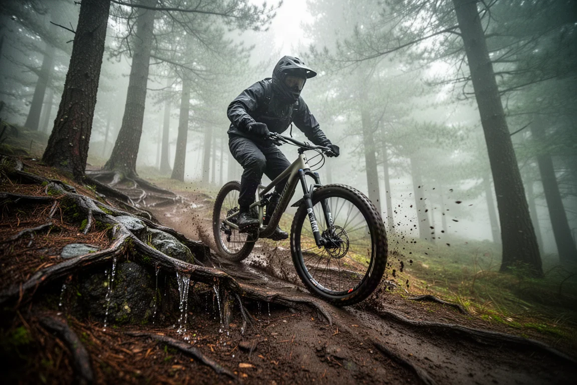 Gravelcyklist på en ojämn offroad-stig i mjukt dagsljus