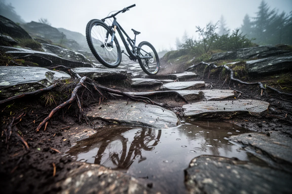 Cyklist som kör en offroad-stig mellan träd