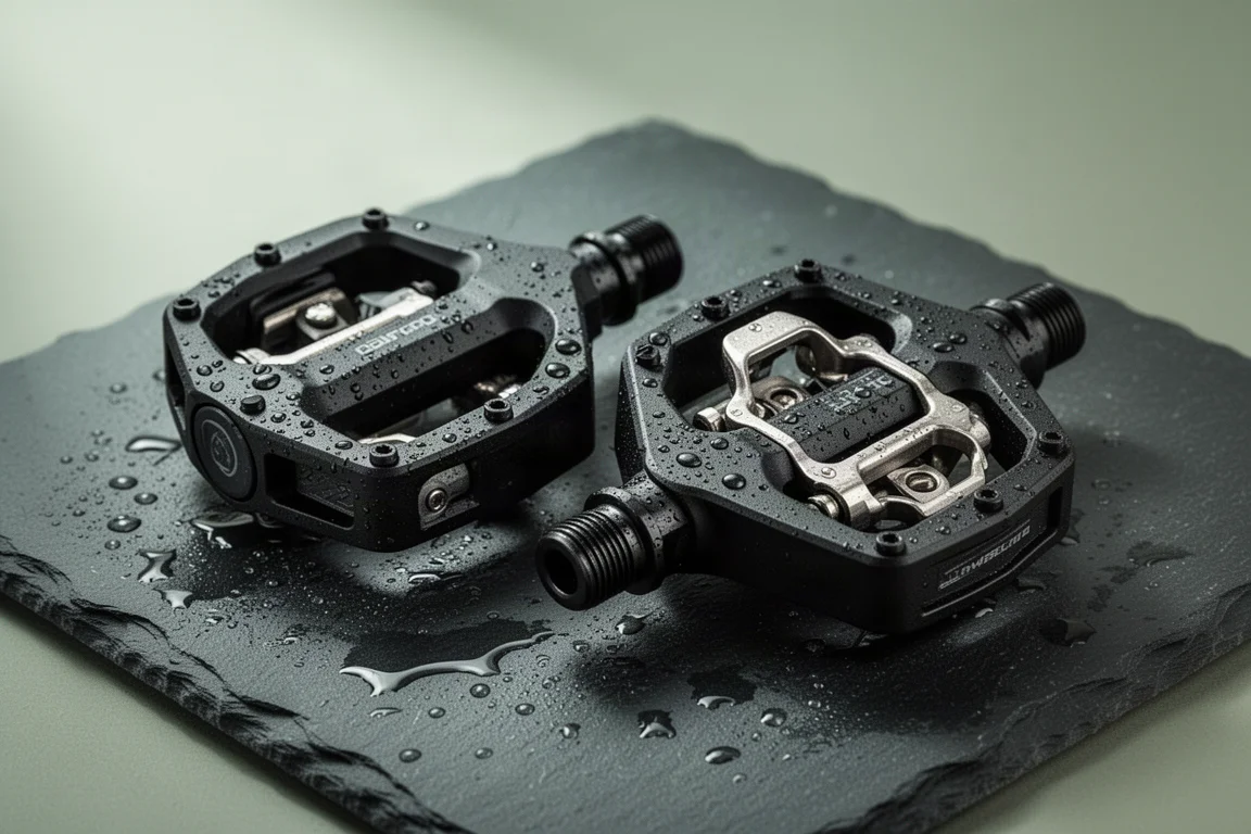 Pair of SPD-compatible power meter pedals on a concrete surface