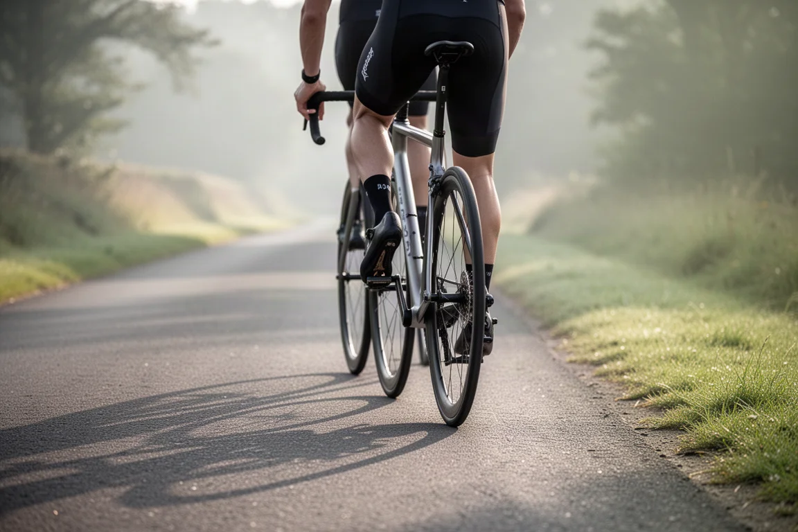 Cycliste sur une route dégagée avec des pédales Look Keo et des chaussures de route au premier plan