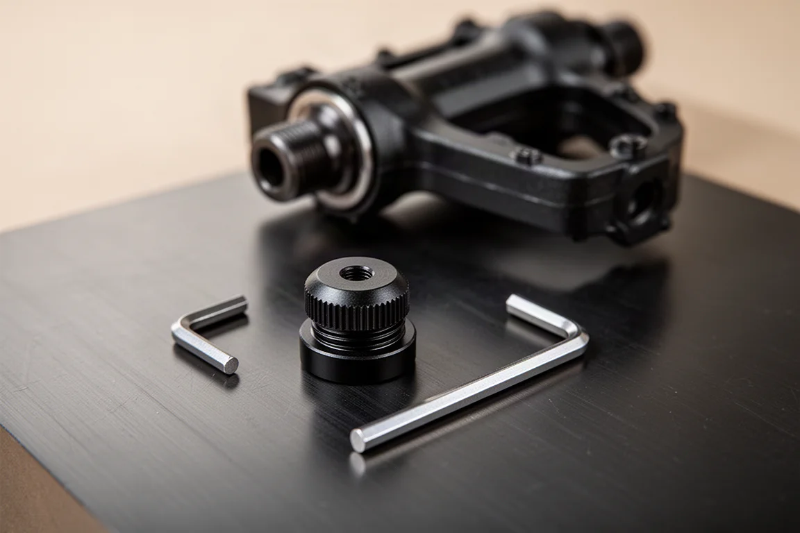 Pedal spindle cap removed next to an Allen key on a dark surface