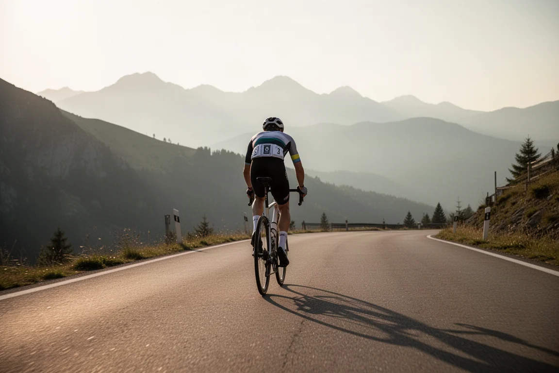 Cyclist riding through rolling mountains during a long outdoor endurance ride