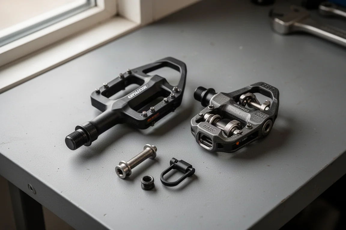 Two power meter pedals and spare pedal bodies laid out on a workshop bench