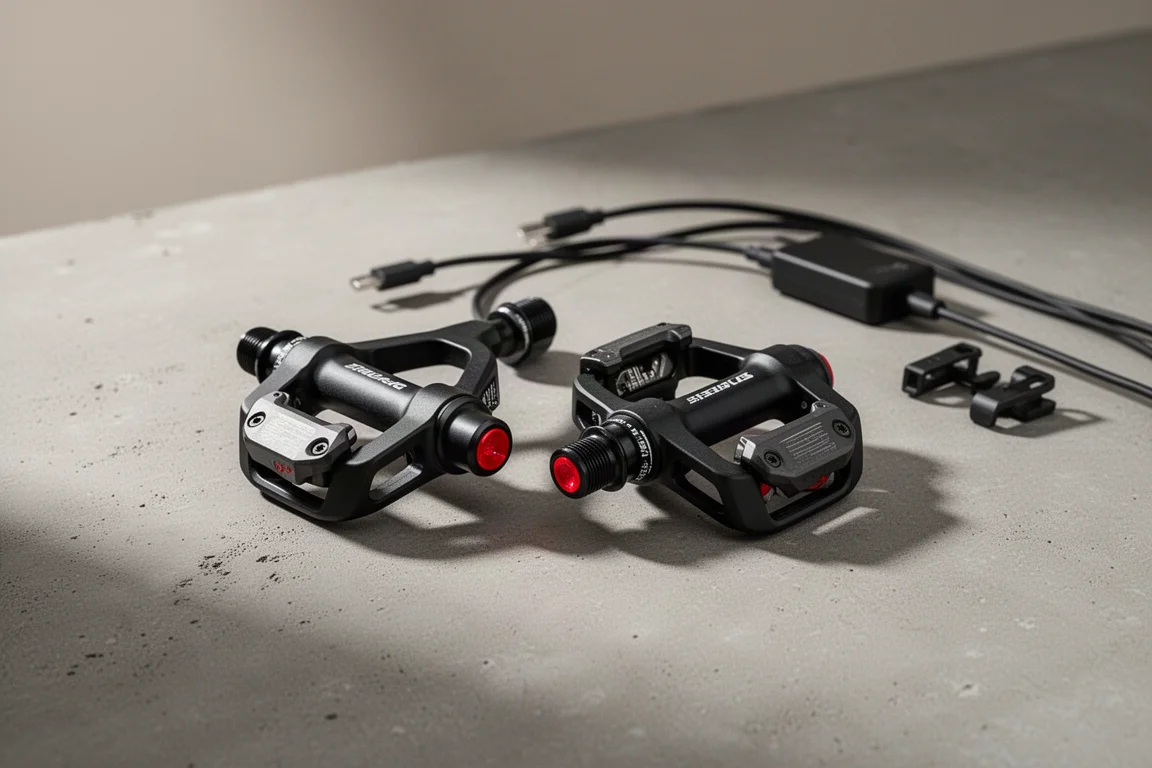 Pair of black power meter pedals with red accents on a concrete surface