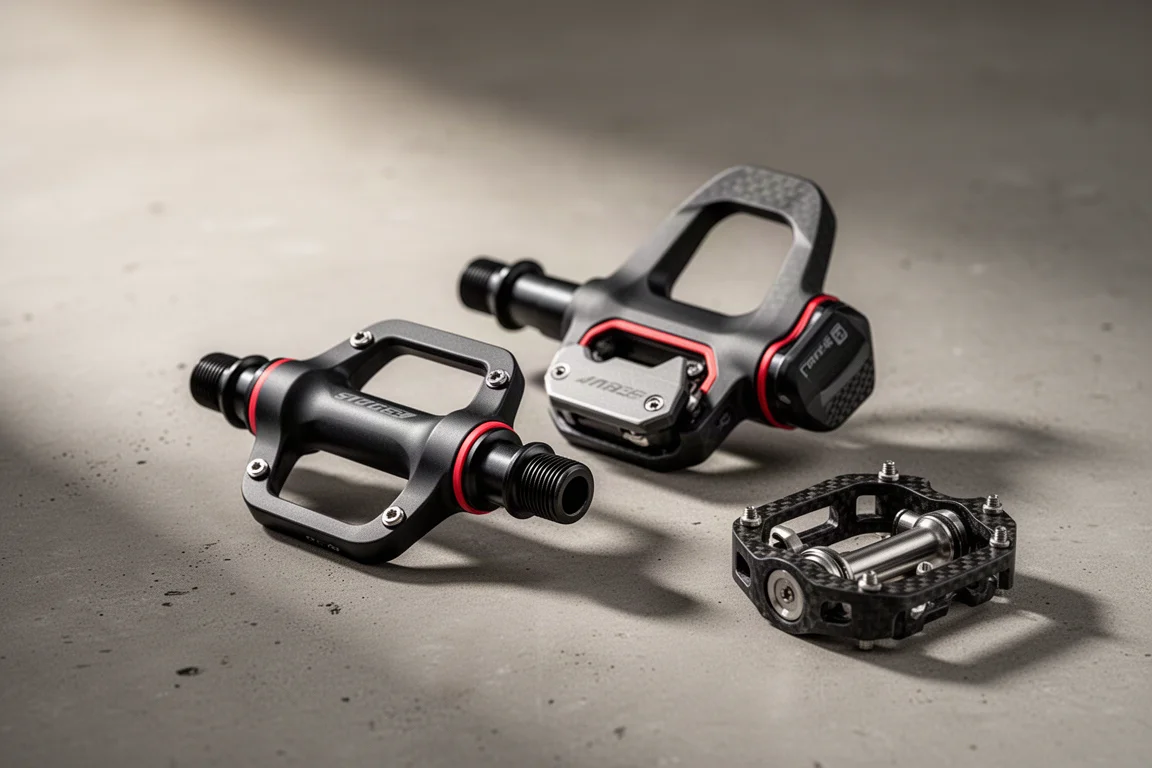 콘크리트 위에 놓인, 노란색 Shimano 클릿이 장착된 한 쌍의 포드 없는 로드 파워 미터 페달