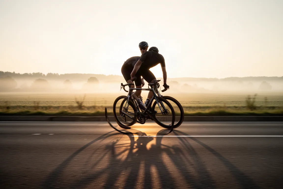 Rennradfahrer auf glattem Asphalt im Morgengrauen mit tiefem goldenem Licht