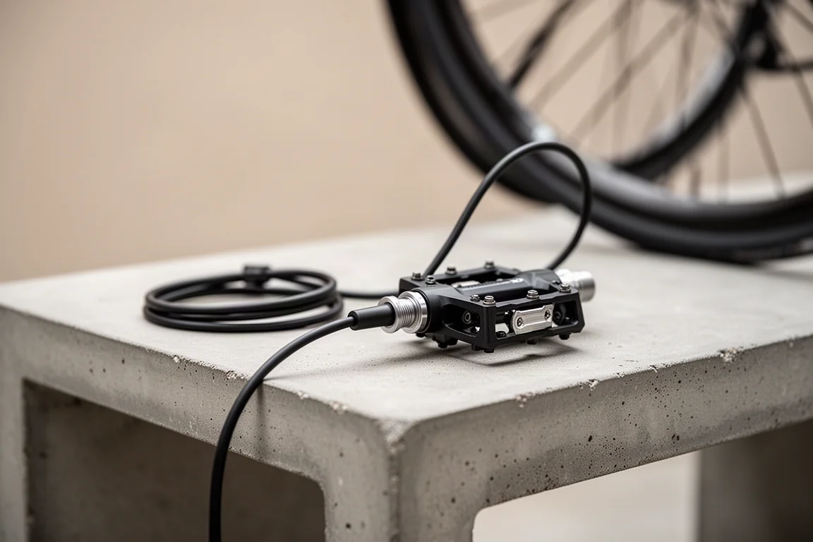 Ladekabel an einem Fahrradpedal auf einer Werkbank angeschlossen
