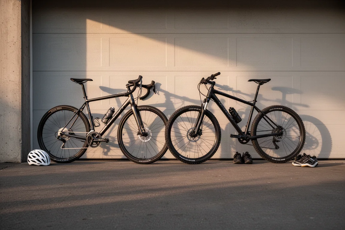 Rennrad und Mountainbike lehnen vor der Fahrt an einer Garagenwand