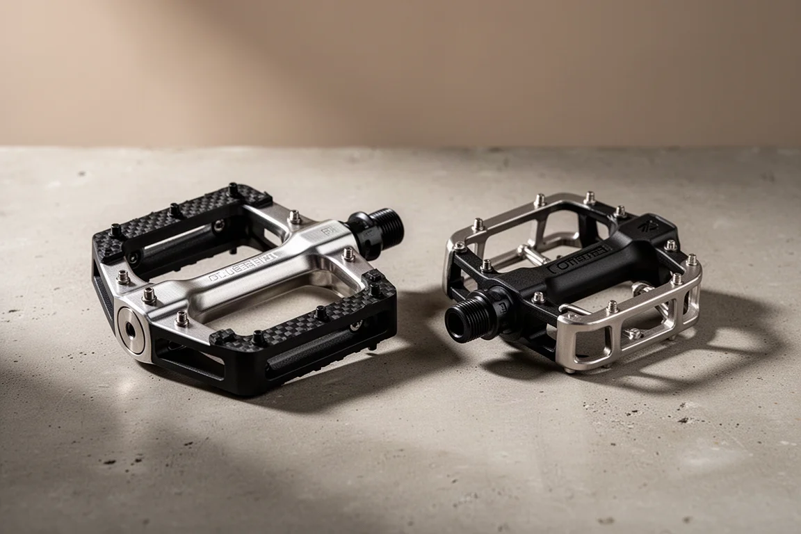 Road and off-road power meter pedals side by side on a concrete surface