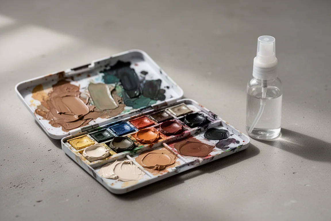 Open palette of creamy matte gouache paint in muted colors on a studio desk