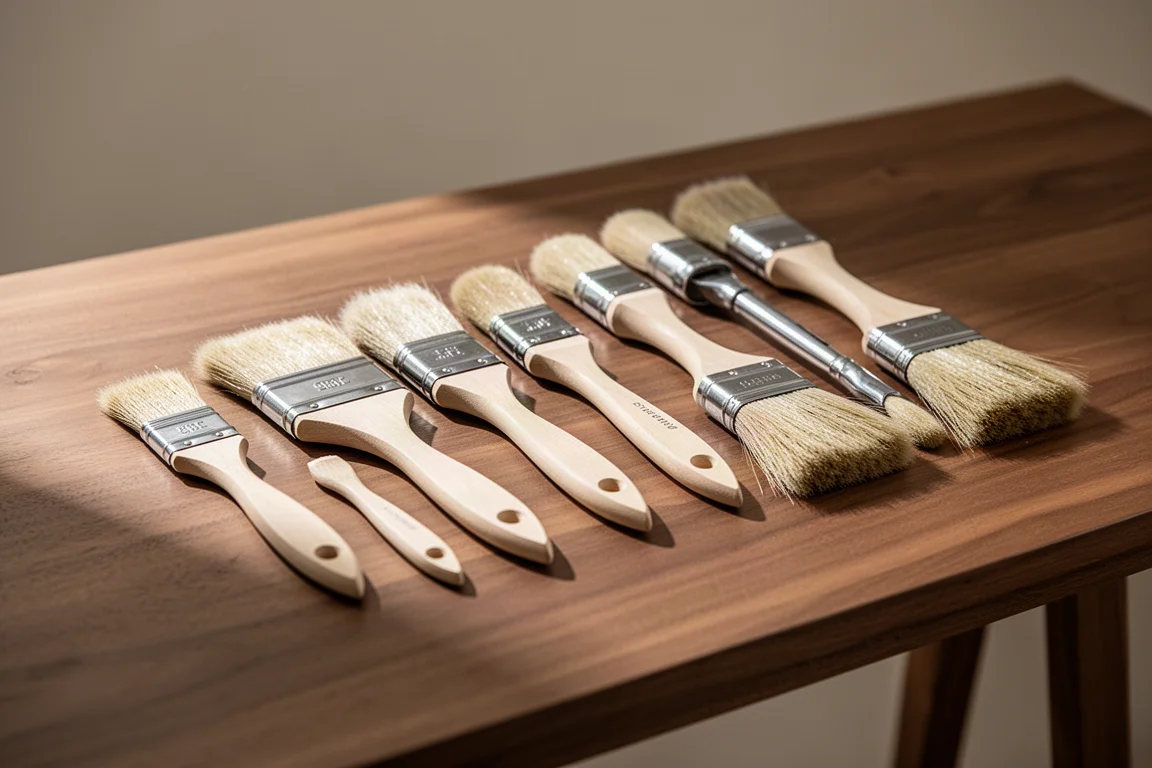 Row of paint brushes with varied bristle shapes laid on a wooden table