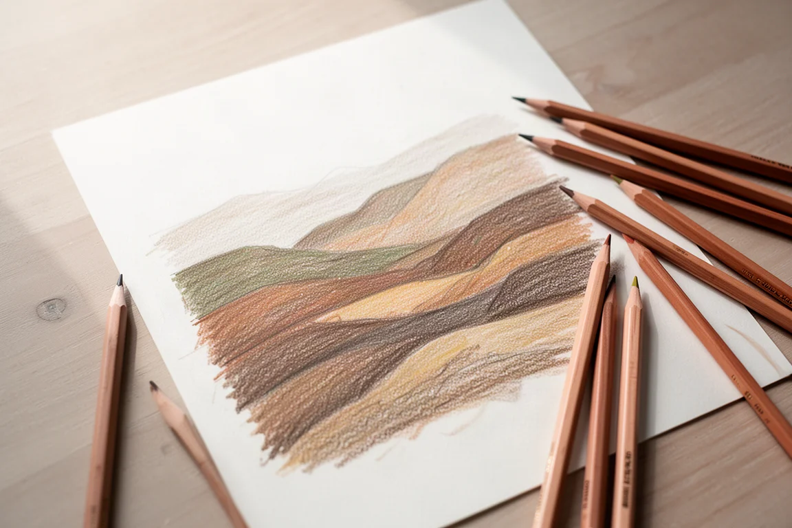 Colored pencil artwork in progress with layered earthy tones on paper