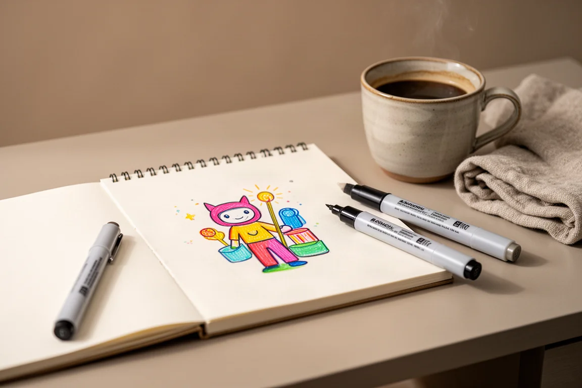 Open square sketchbook with marker artwork beside a cup of coffee
