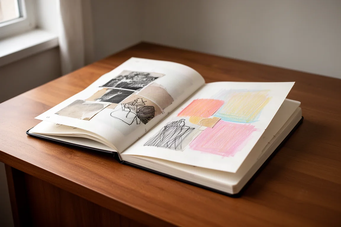 Carnet de croquis carré ouvert rempli d'œuvres en techniques mixtes sur un bureau en bois