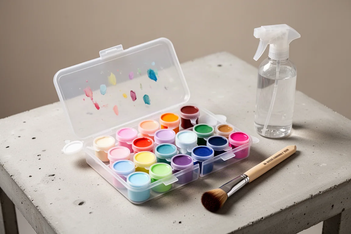 Palette de gouache jelly avec de petits godets de peinture ouverts sur une table d'atelier