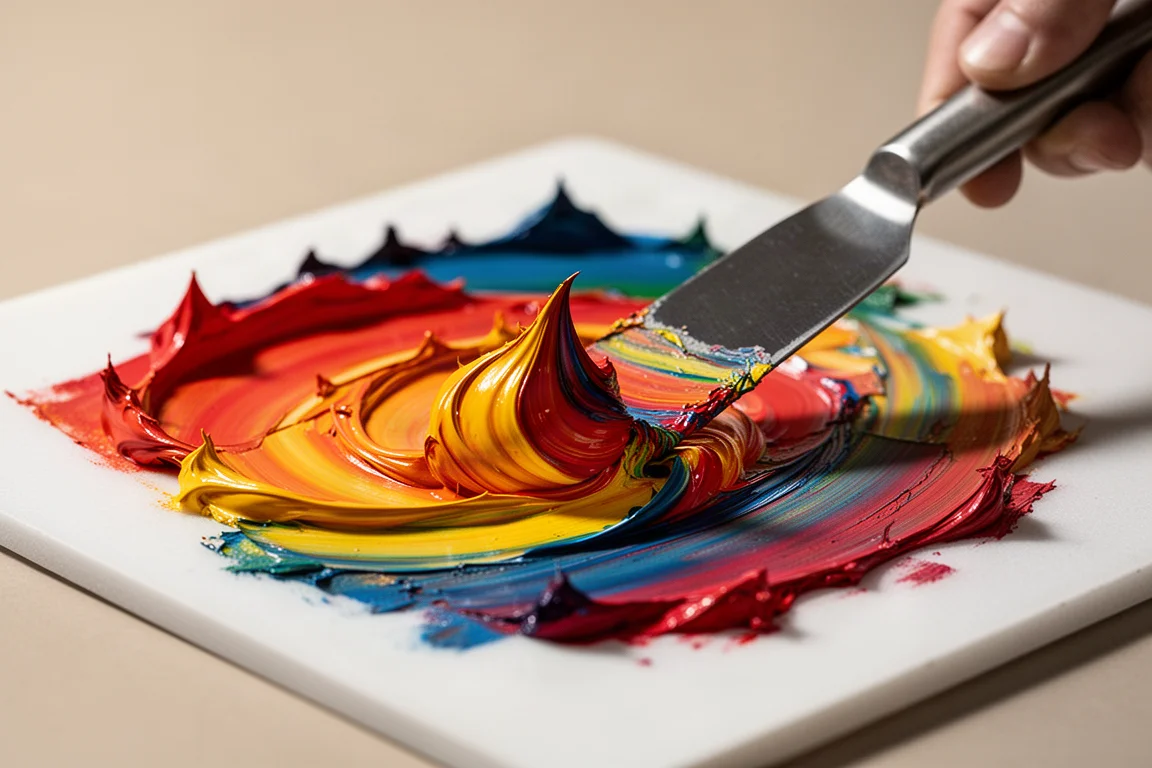 Palette avec de la peinture acrylique heavy body épaisse mélangée au couteau à palette