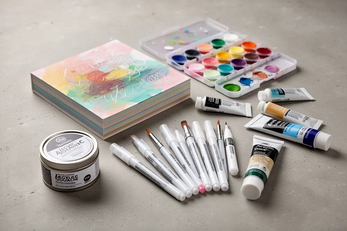 Flat lay of sketchbooks, gouache palette, paint markers, and acrylic tubes on concrete
