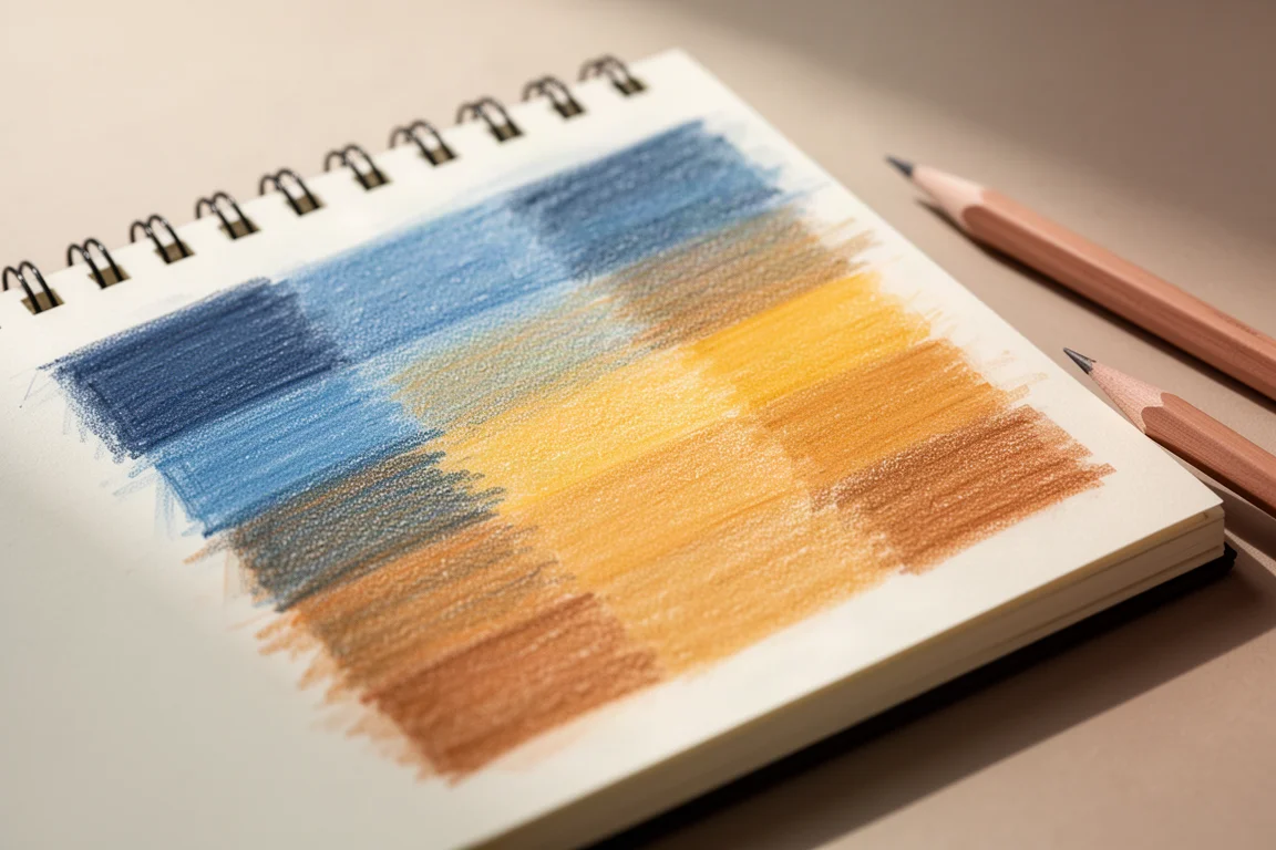 スケッチブックのページにぼかされた色鉛筆の試し描き