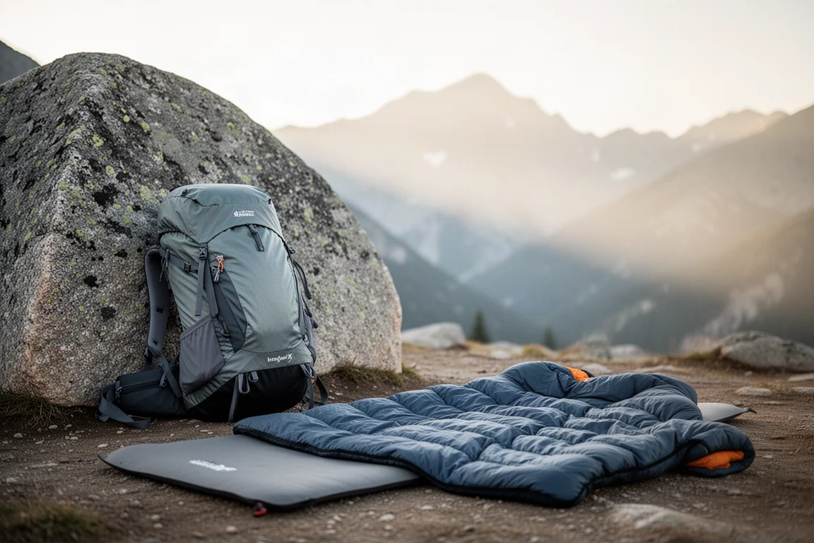 Lightweight backpacking pack and sleep gear laid out at a high alpine camp
