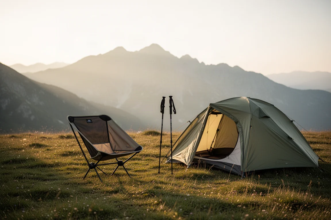 Lightweight camp chair set up beside a trekking pole tent on alpine ground