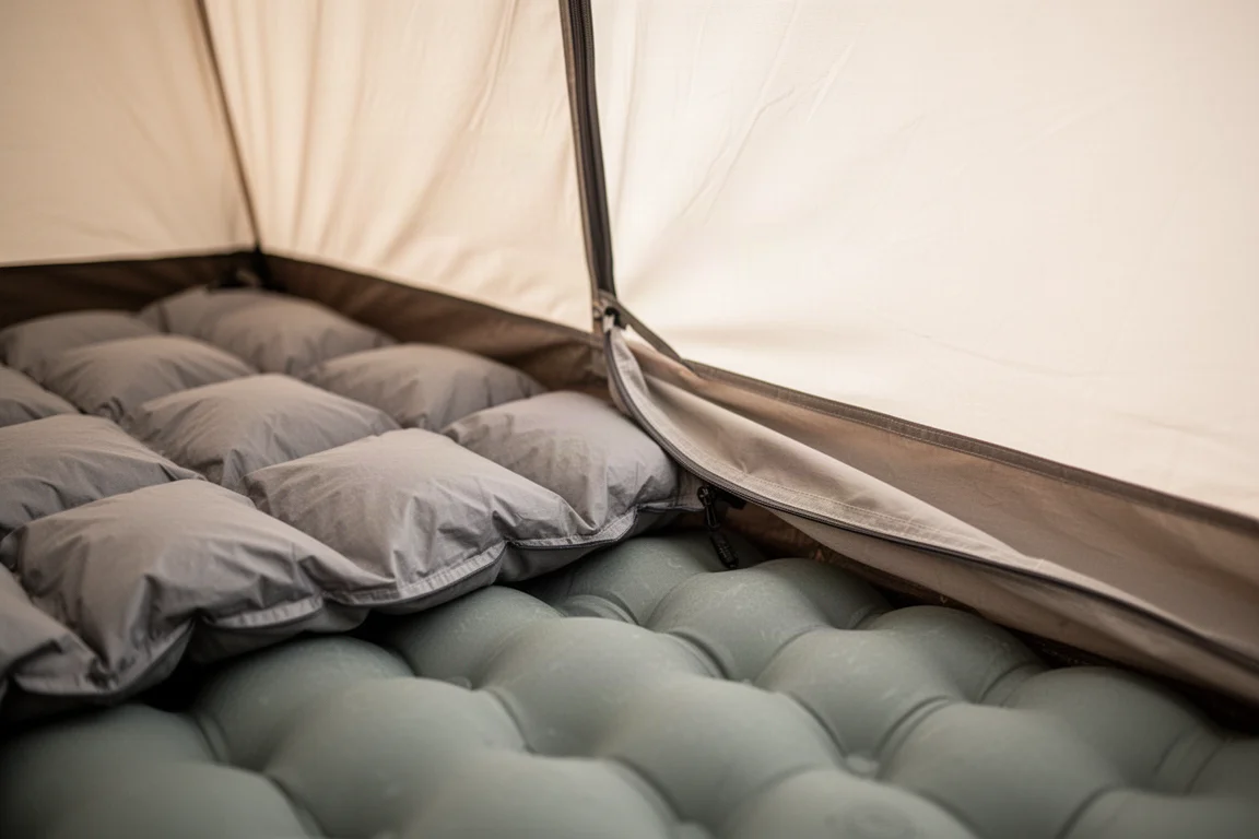 Close-up of a quilt edge and side draft tube meeting an inflated sleeping pad