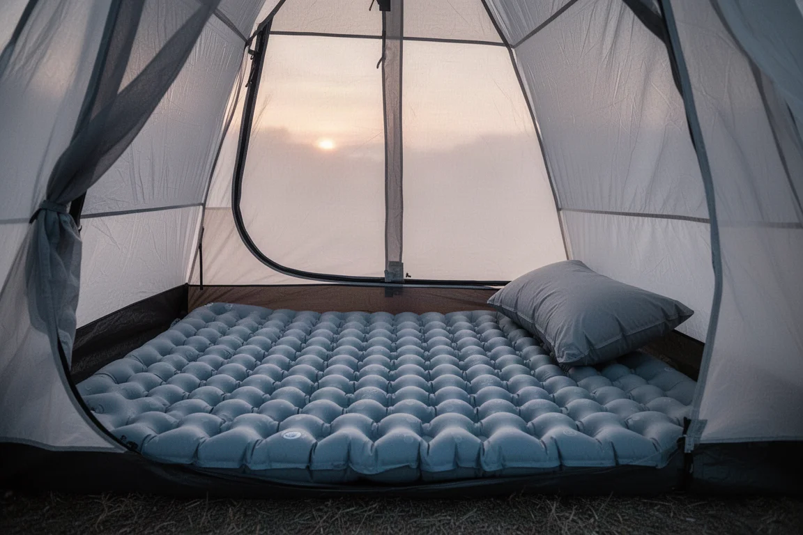 Interior of a one-person tent with a dimpled sleeping pad and camp pillow at dawn