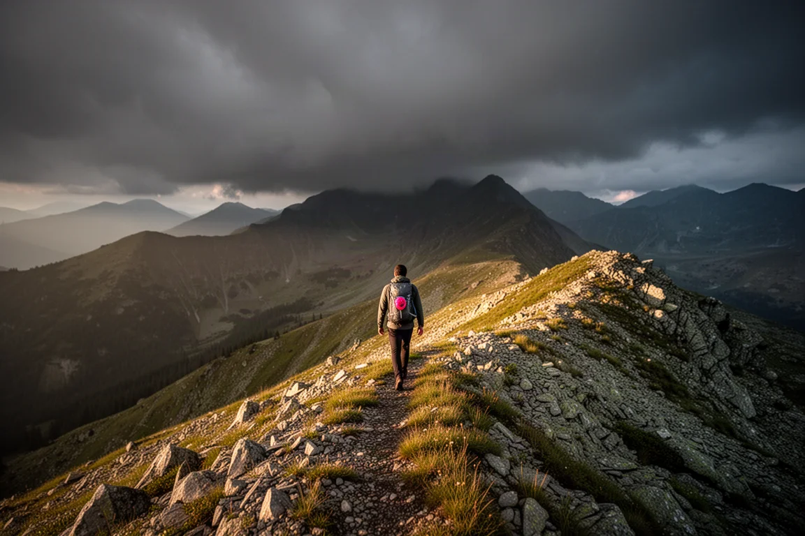 Einsame Wanderin mit kleinem Rucksack auf einem exponierten subalpinen Grat unter aufziehenden Gewitterwolken