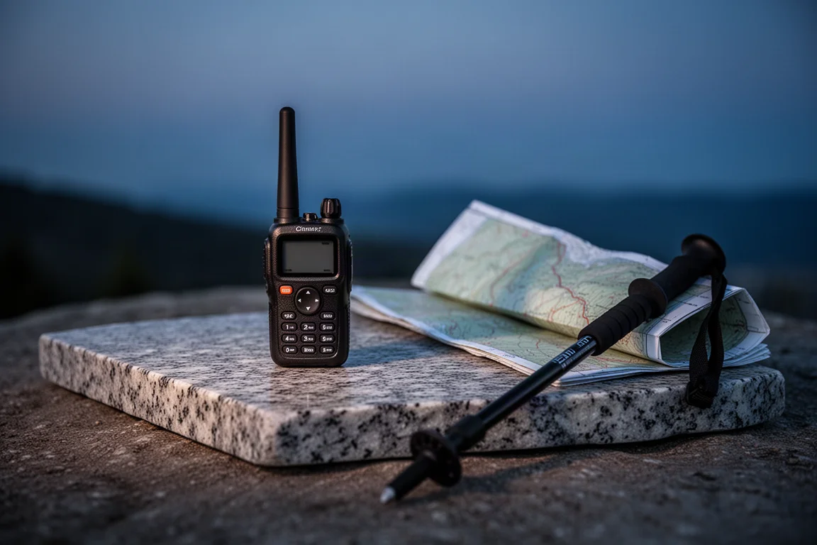 Kleiner Satellitenkommunikator auf Granit in der Abenddämmerung neben gefalteter Karte und Trekkingstock