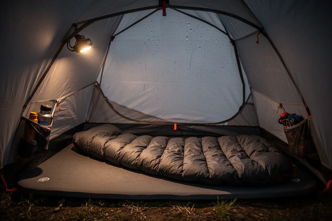 Innenraum eines kleinen ultraleichten Zeltes bei Nacht mit Isomatte, Quilt und sanftem Stirnlampenlicht