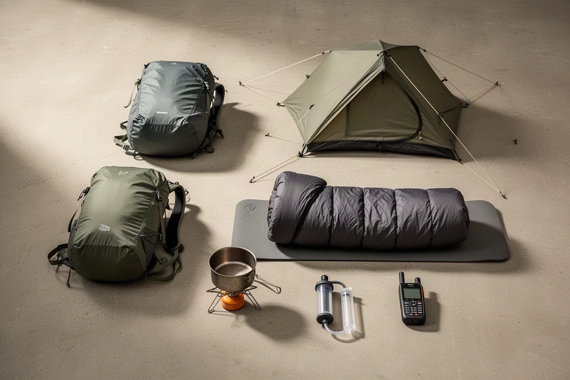 Flat-lay of ultralight backpacking gear including pack, tent, quilt, pot, filter, and communicator