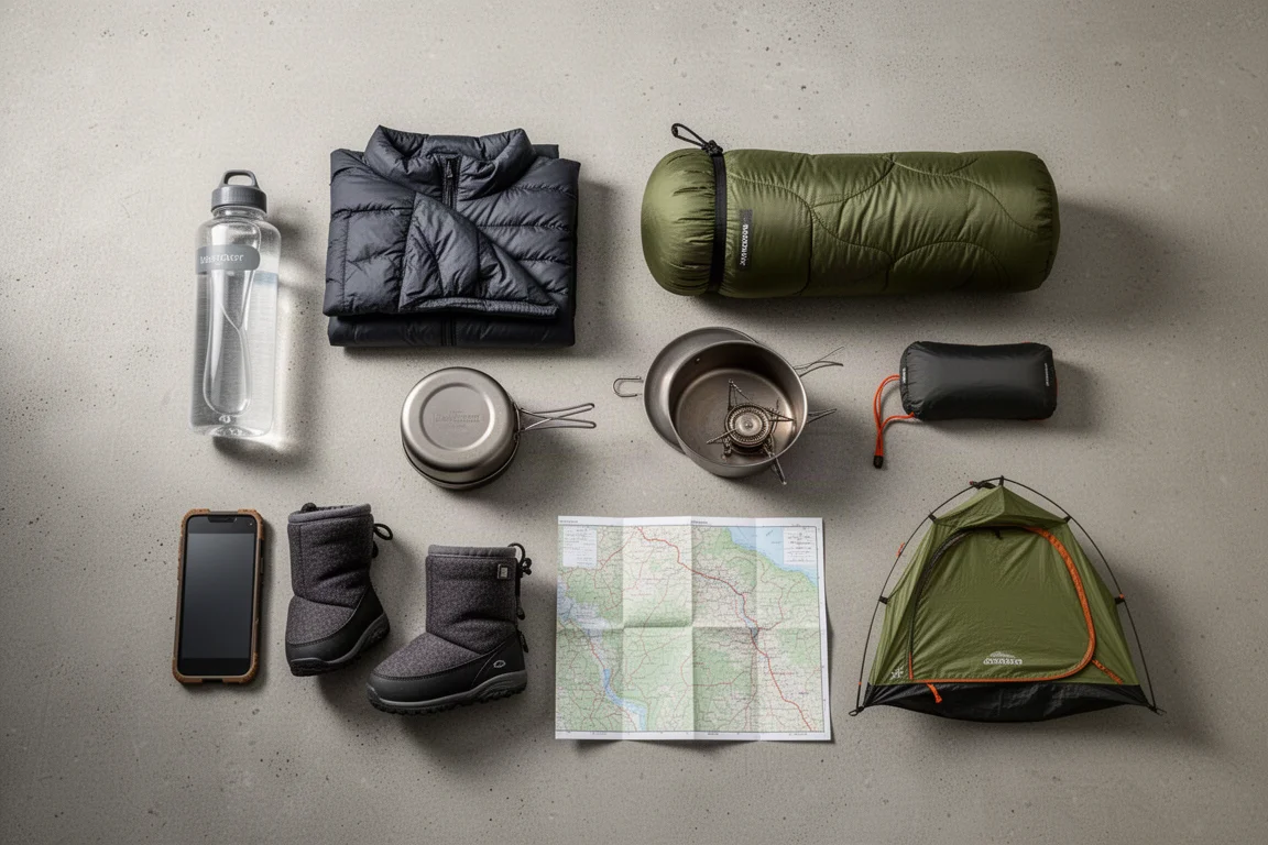 Disposizione piatta di sette oggetti ultralight da backpacking su una superficie di cemento