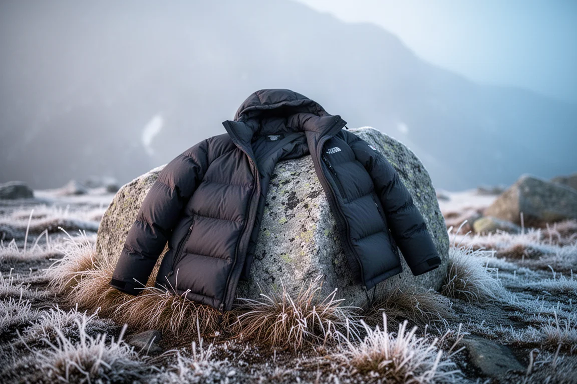两支登山杖插在清晨岩石高山地形中,背后有薄雾