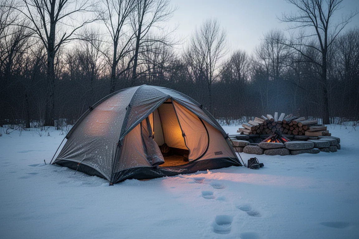 Kleine semi-vrijstaande tent van binnen verlicht op sneeuw op een wintercamping bij schemering