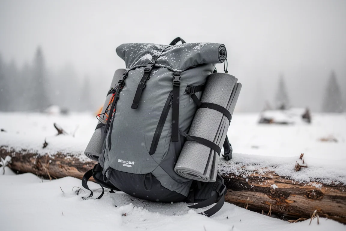 Volgepakte ultralight rugzak leunend tegen een met sneeuw bedekt blok hout op een wintercamping