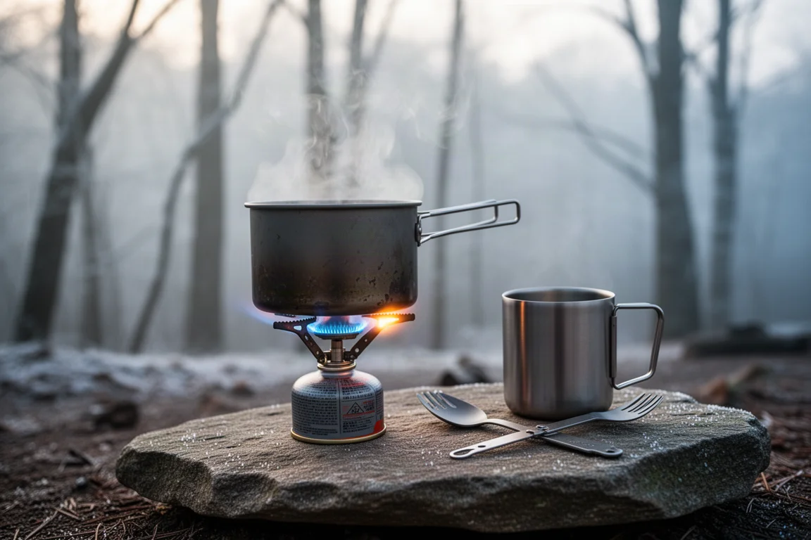 Canisterbrander met blauwe vlam onder een pan op een koude camping