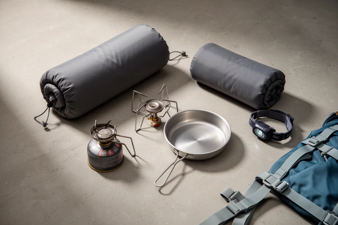 Winter backpacking gear flat lay with stove, skillet, headlamp and pillow on concrete