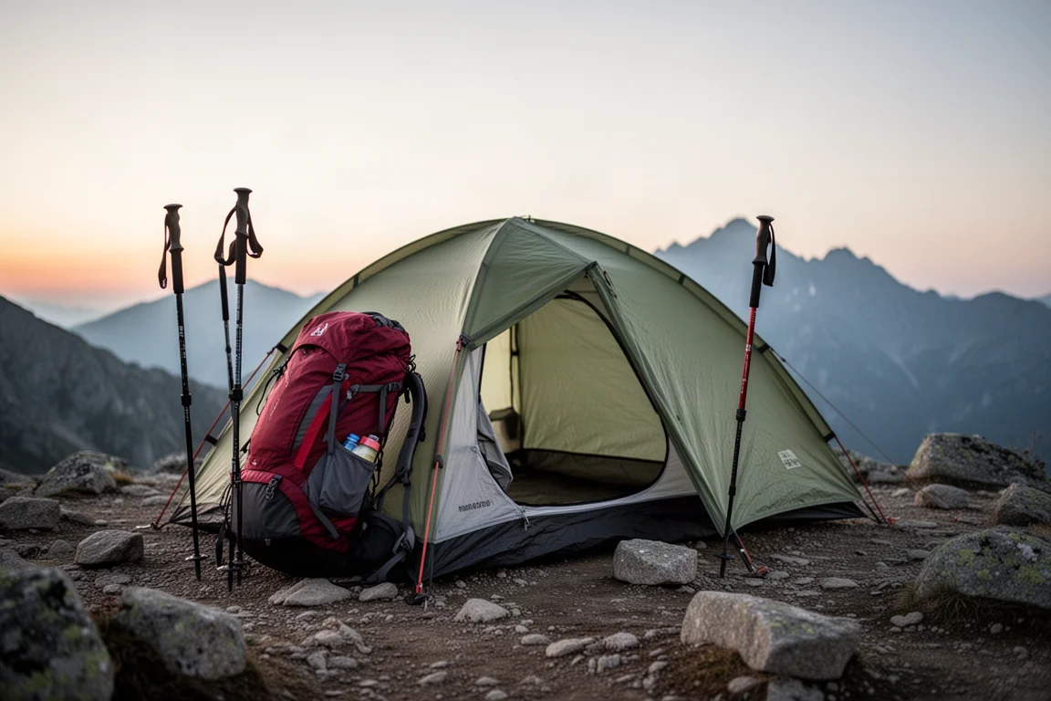 Tenda ultraleggera da backpacking montata su un campeggio roccioso di montagna al crepuscolo