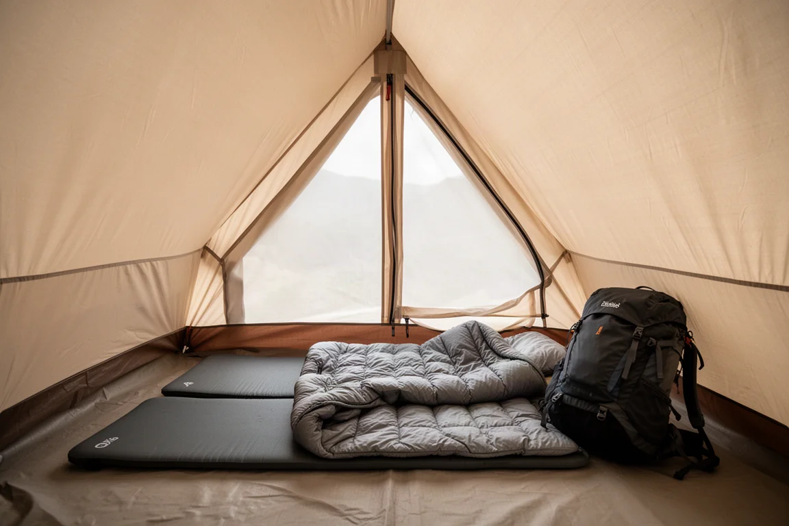 Interno spazioso di tenda monoparete in Dyneema con materassino e attrezzatura