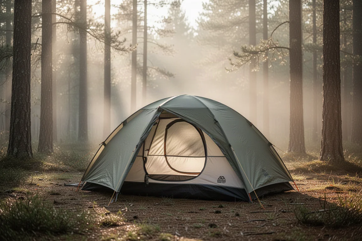 Tenda da backpacking economica montata in una radura boschiva con luce mattutina
