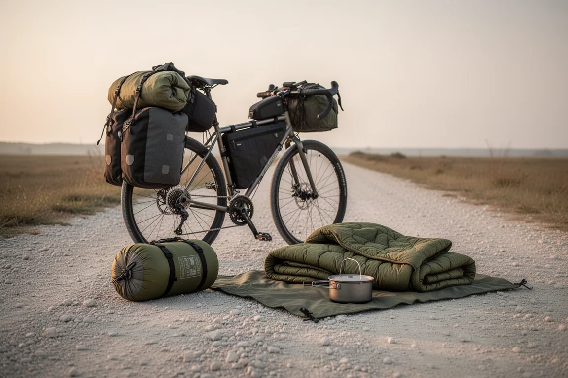 Loaded touring bike with gear laid out on a groundsheet beside a gravel track at sunrise