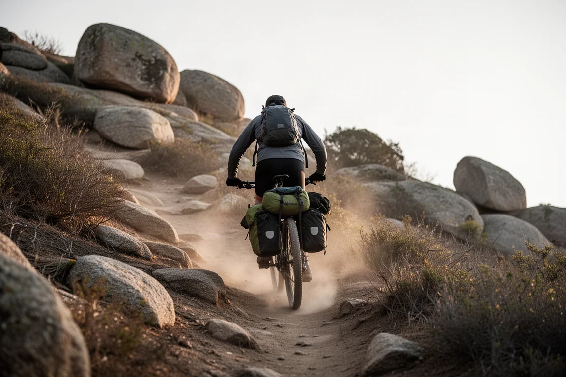 Cyclist pushing a loaded bike up a steep rocky trail in late afternoon light