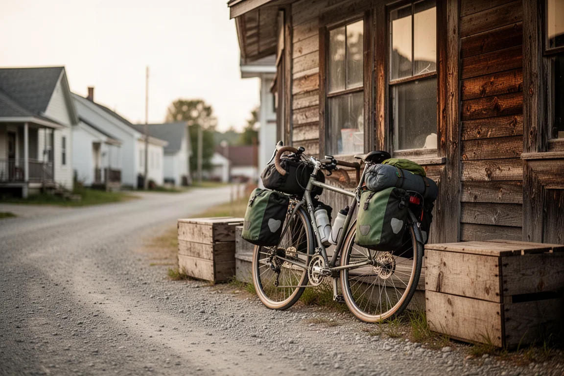 Loaded touring bike leaning against a rural storefront in warm late afternoon light