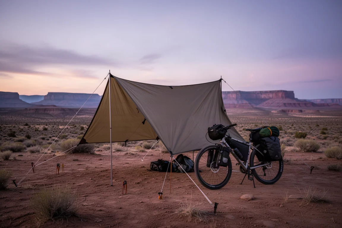 Lightweight tarp shelter pitched on a high desert plateau at dusk with a bike nearby