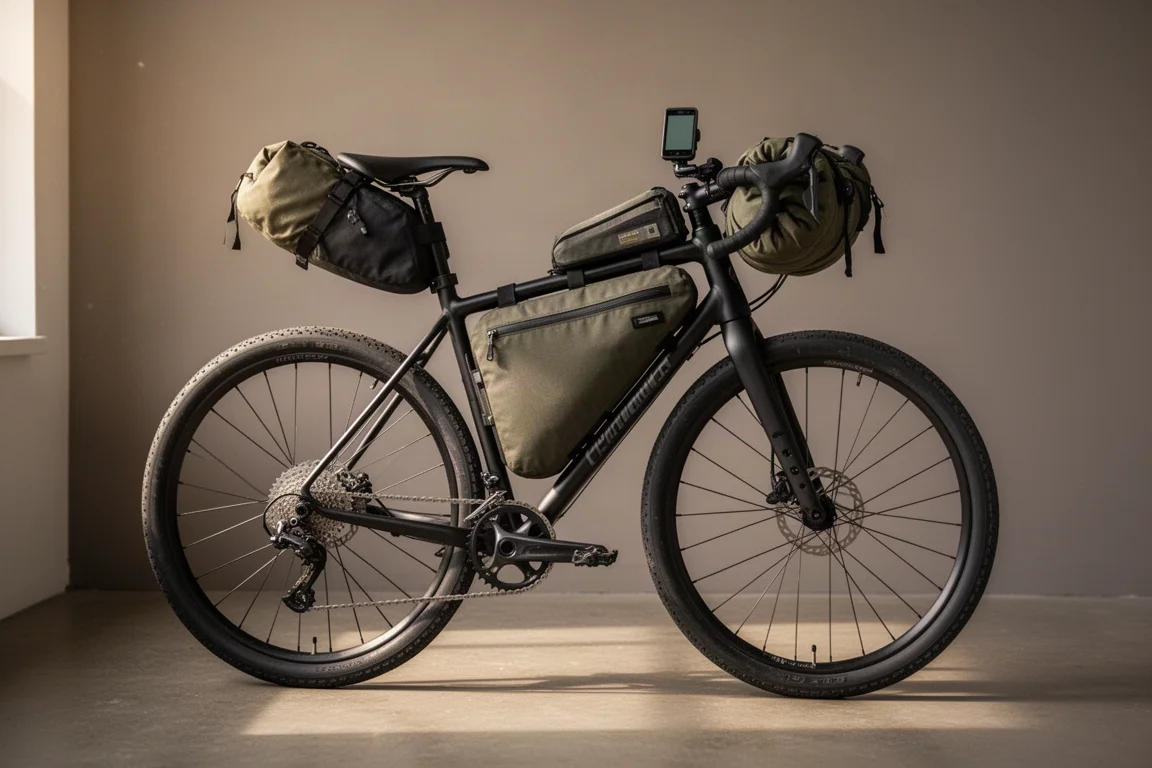 Bicicletta da bikepacking carica con seat pack, frame bag e handlebar roll appoggiata a un muro grigio