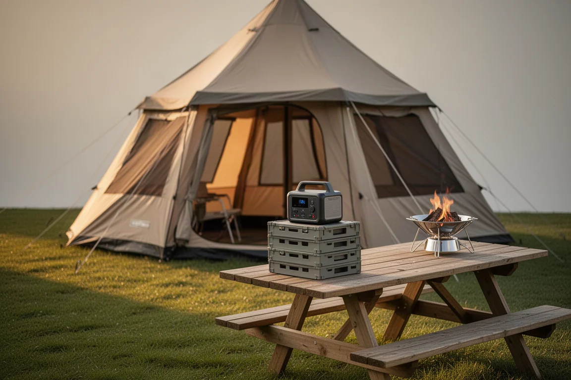 Campsite with a tall six-person tent, portable power station, storage crate, and tabletop fire pit