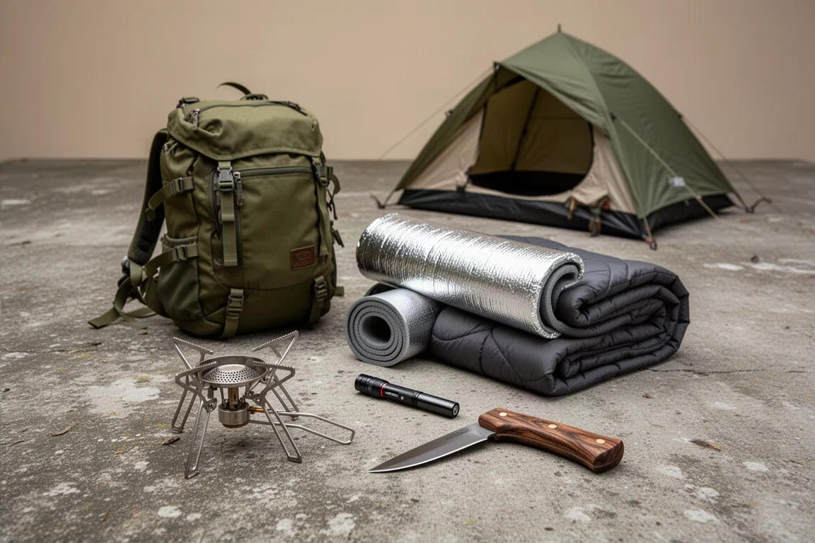 Flat-lay of camping gear including a stove, fry pan, quilt, pillow, chair, and daypack